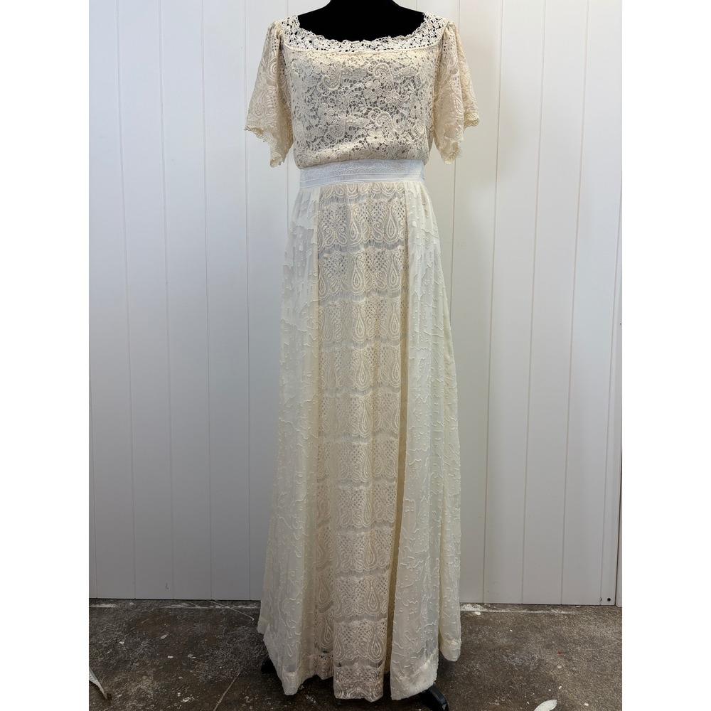Champagne & Strawberry Boho Lace Maxi Dress Women Size L Beach Wedding Coquette